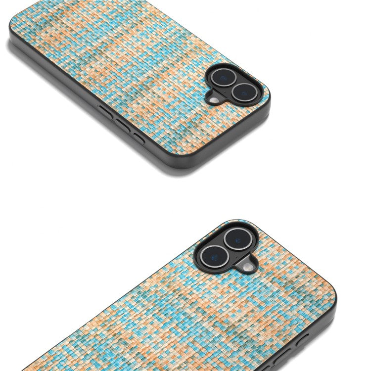 For iPhone 16 Case Plaid Texture PU Leather+PC+TPU Hybrid Phone Cover - Blue