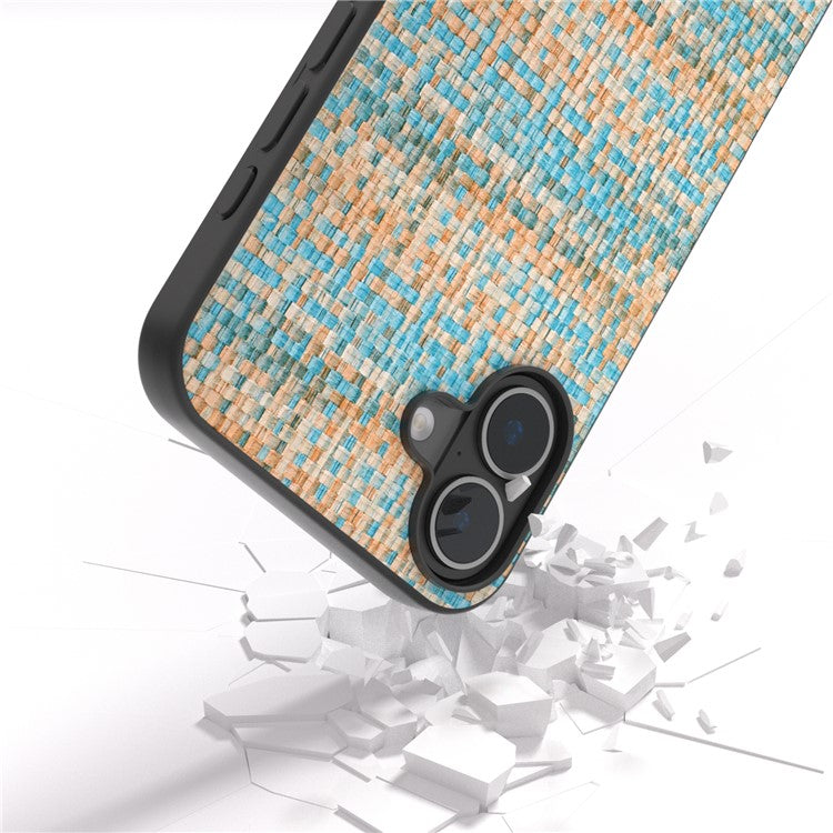 For iPhone 16 Case Plaid Texture PU Leather+PC+TPU Hybrid Phone Cover - Blue
