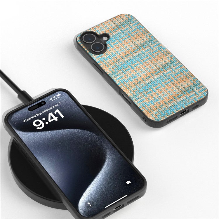 For iPhone 16 Case Plaid Texture PU Leather+PC+TPU Hybrid Phone Cover - Blue