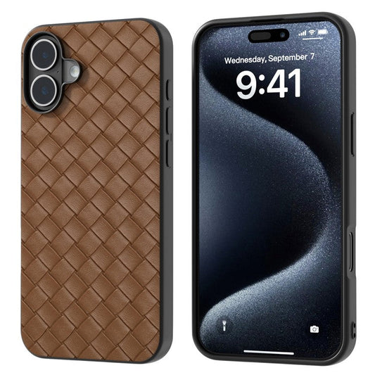For iPhone 16 Plus Case Woven Texture Leather+PC+TPU Hybrid Phone Cover - Brown