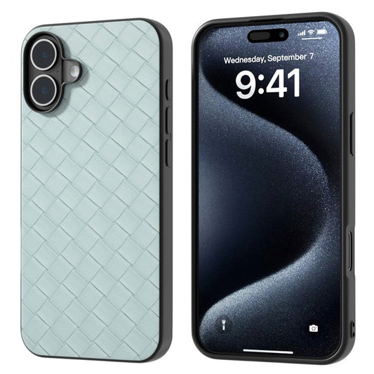 For iPhone 16 Plus Case Woven Texture Leather+PC+TPU Hybrid Phone Cover - Light Green