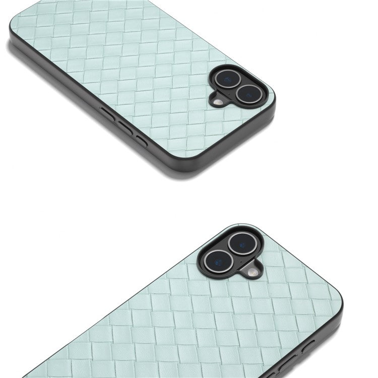 For iPhone 16 Plus Case Woven Texture Leather+PC+TPU Hybrid Phone Cover - Light Green