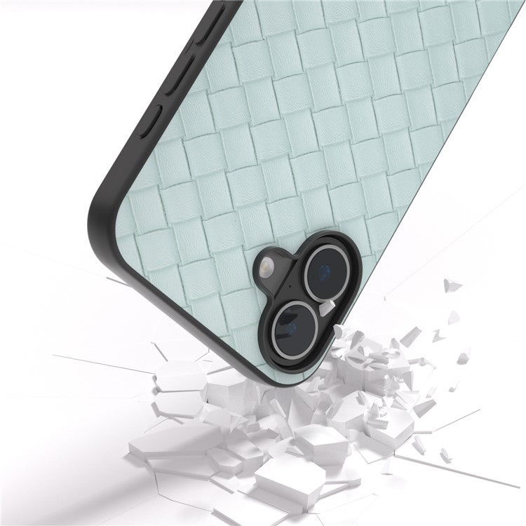 For iPhone 16 Plus Case Woven Texture Leather+PC+TPU Hybrid Phone Cover - Light Green