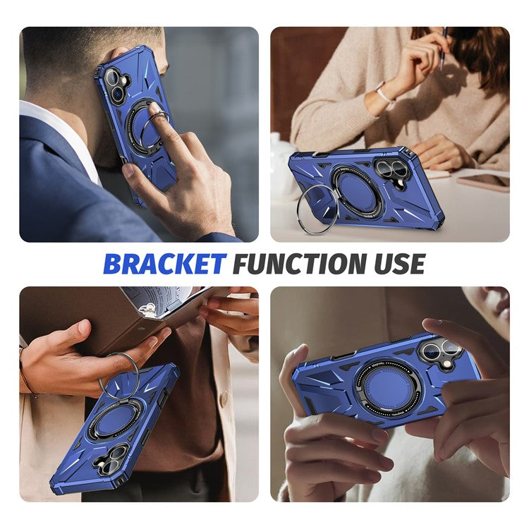 For iPhone 16 Magnetic Case TPU+PC Phone Cover with Rotary Ring Kickstand - Navy Blue