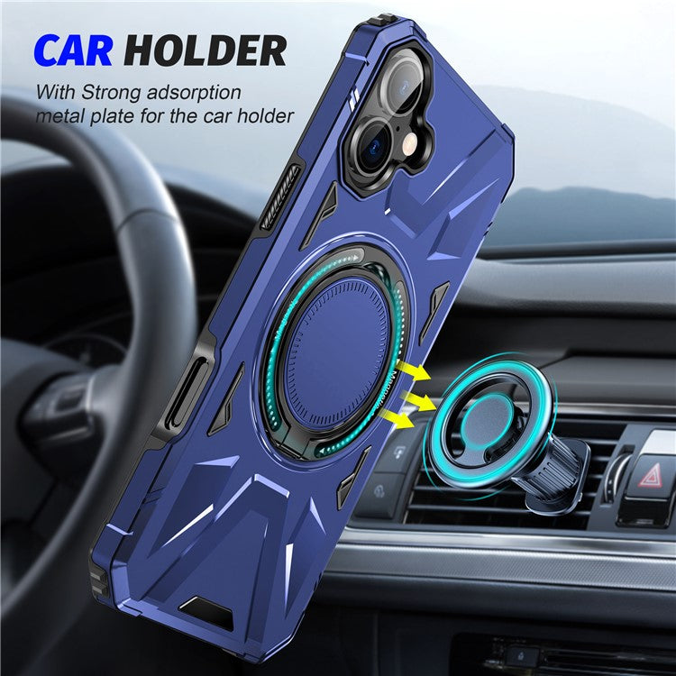 For iPhone 16 Magnetic Case TPU+PC Phone Cover with Rotary Ring Kickstand - Navy Blue