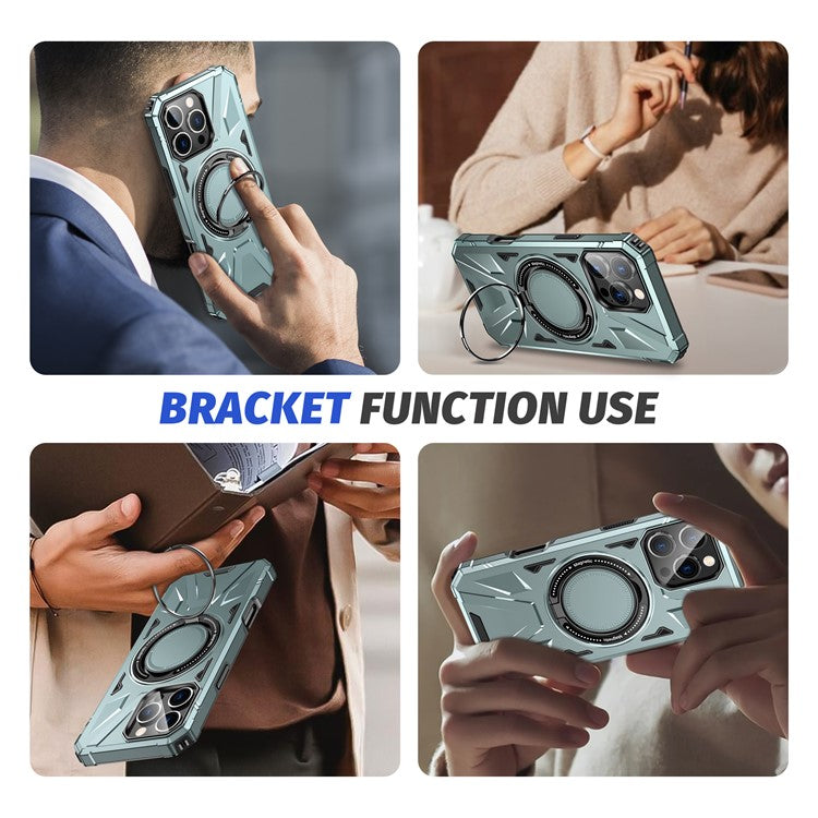 For iPhone 16 Pro Magnetic Case TPU+PC Ring Kickstand Anti-drop Phone Cover - Green