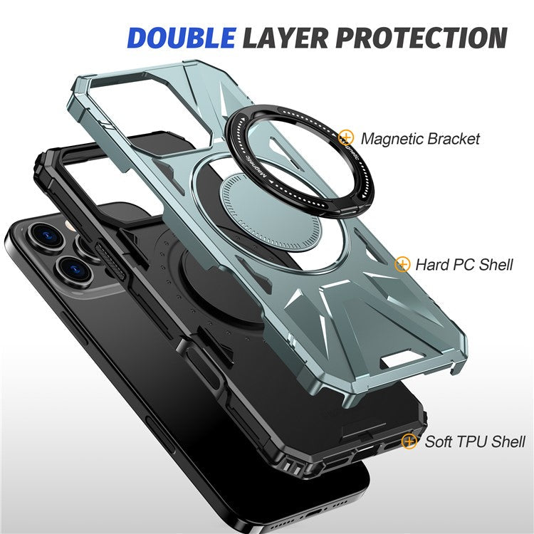For iPhone 16 Pro Magnetic Case TPU+PC Ring Kickstand Anti-drop Phone Cover - Green
