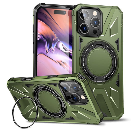 For iPhone 16 Pro Magnetic Case TPU+PC Ring Kickstand Anti-drop Phone Cover - Olive Green