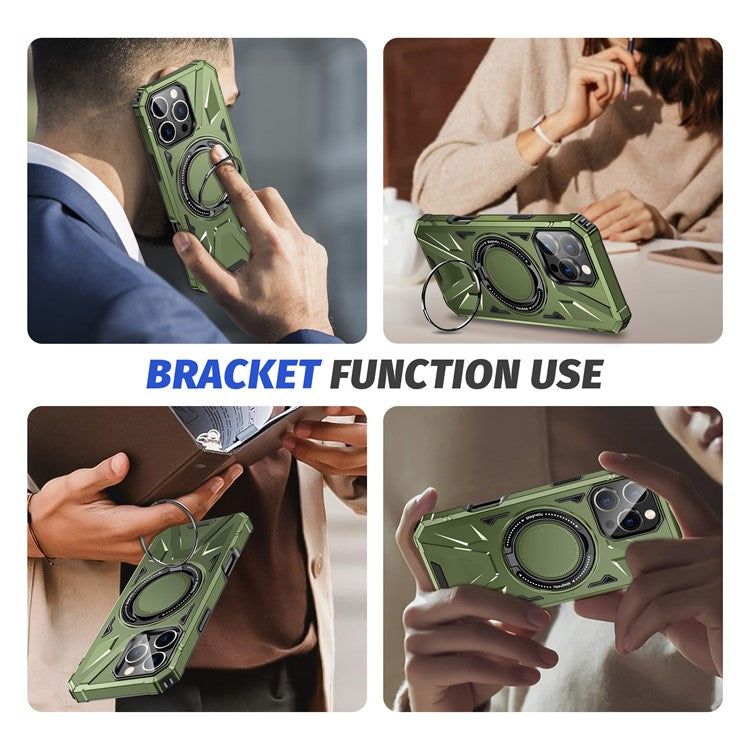 For iPhone 16 Pro Magnetic Case TPU+PC Ring Kickstand Anti-drop Phone Cover - Olive Green