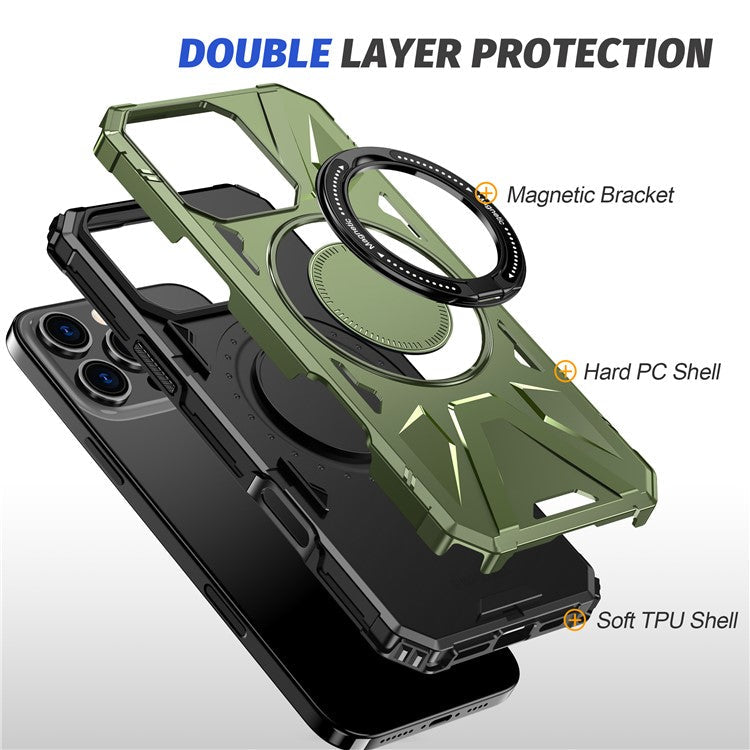 For iPhone 16 Pro Magnetic Case TPU+PC Ring Kickstand Anti-drop Phone Cover - Olive Green