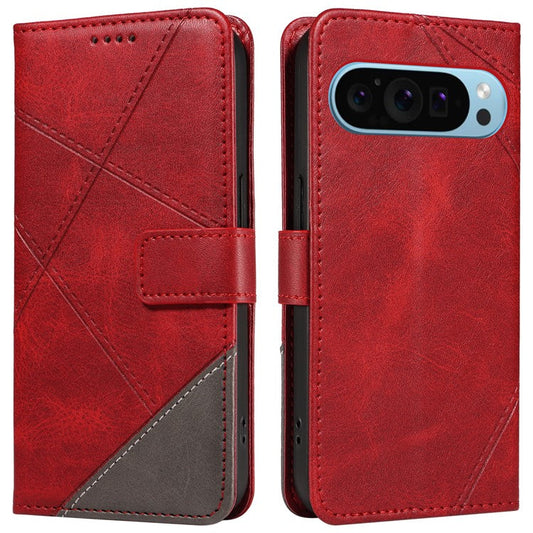 For Google Pixel 9 Case Geometric Line PU Leather Phone Cover with Card Holder - Red