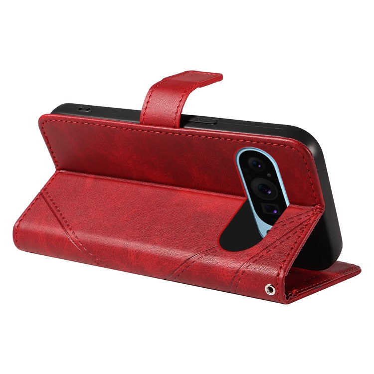 For Google Pixel 9 Case Geometric Line PU Leather Phone Cover with Card Holder - Red