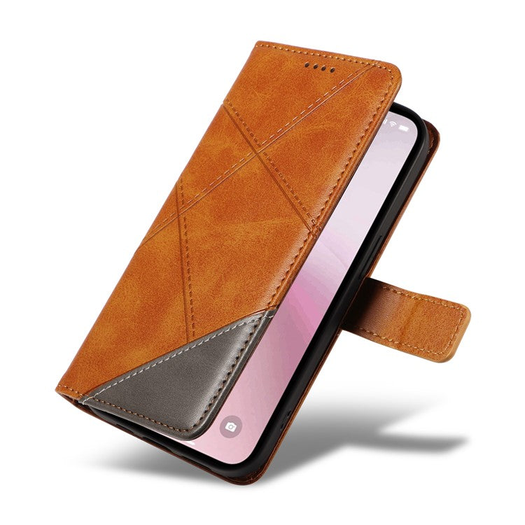 For iPhone 16e Case Leather Card Holder Phone Cover Geometric Line - Brown