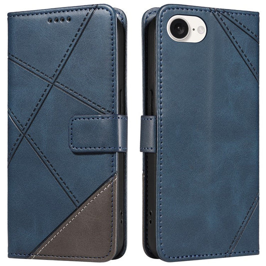 For iPhone 16e Case Leather Card Holder Phone Cover Geometric Line - Blue