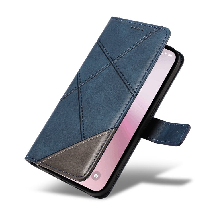 For iPhone 16e Case Leather Card Holder Phone Cover Geometric Line - Blue