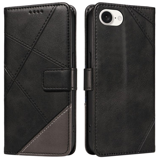 For iPhone 16e Case Leather Card Holder Phone Cover Geometric Line - Black