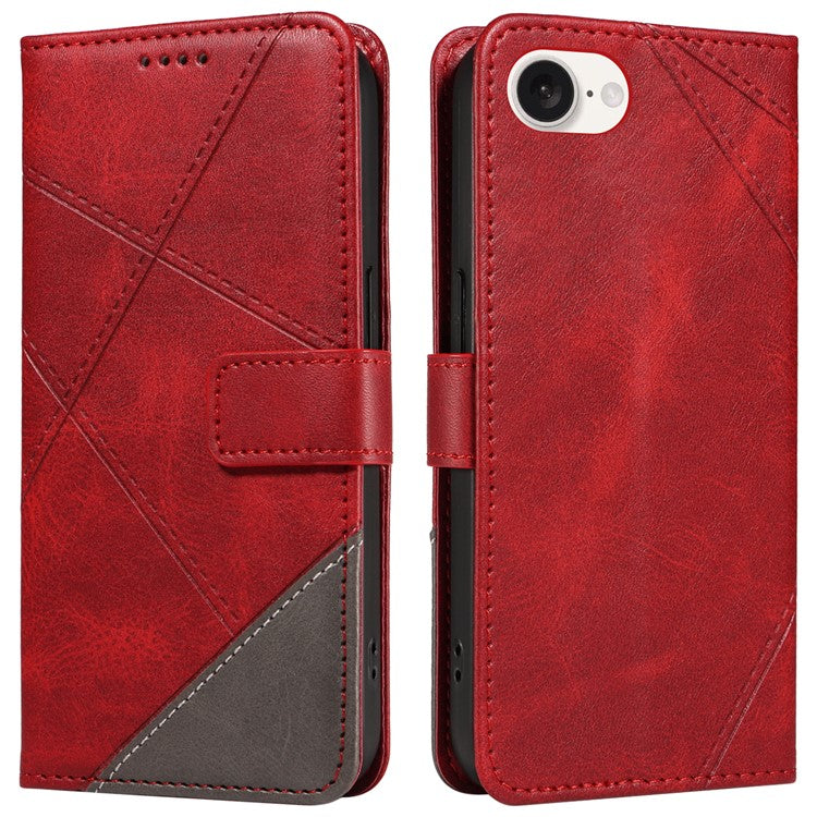 For iPhone 16e Case Leather Card Holder Phone Cover Geometric Line - Red