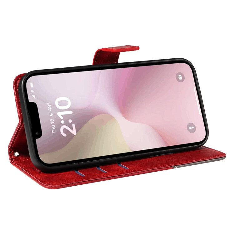 For iPhone 16e Case Leather Card Holder Phone Cover Geometric Line - Red