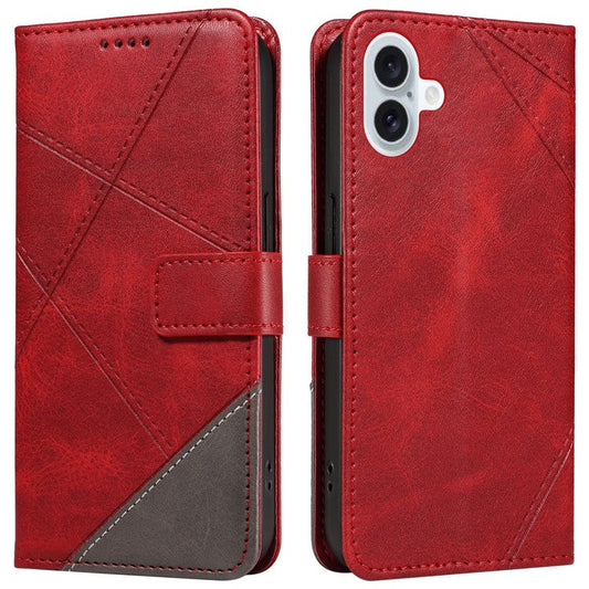 For iPhone 16 Plus Case Geometric Line Leathe Calf Texture Phone Cover - Red