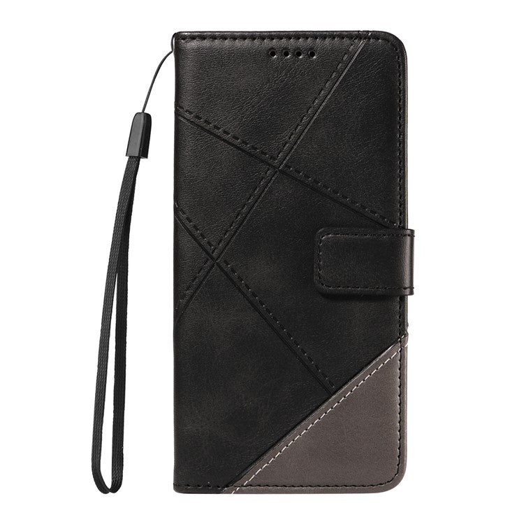 For iPhone 16 Case PU Leather Protective Geometric Line Phone Cover Wrist Strap - Black