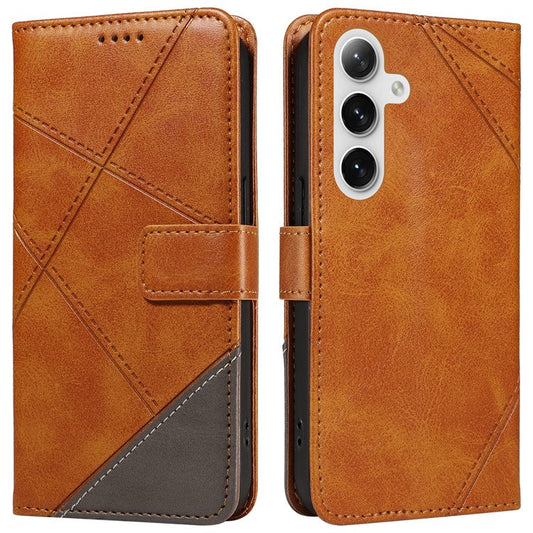 For Samsung Galaxy S24 Case PU Leather Calf Texture Wallet Phone Cover Geometric Line - Brown