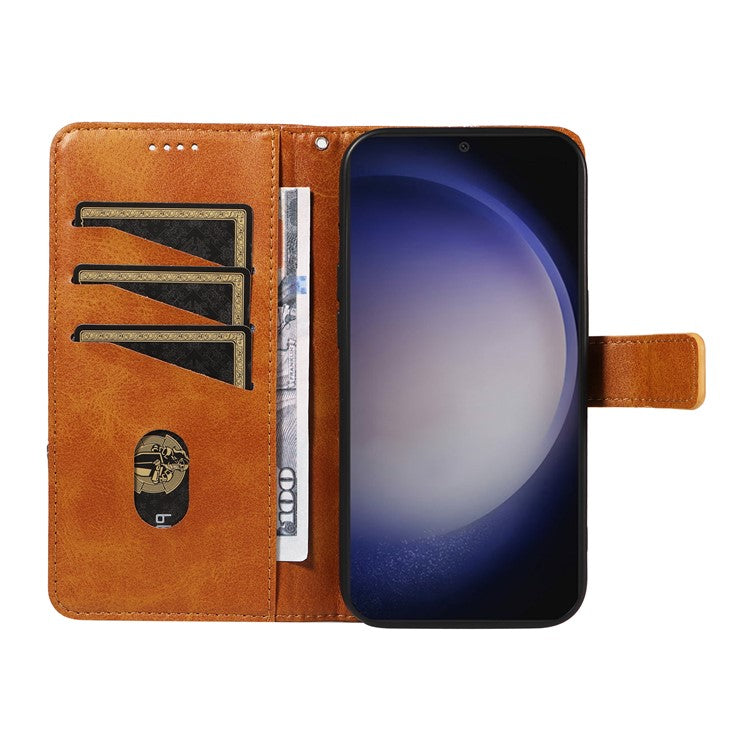 For Samsung Galaxy S24 Case PU Leather Calf Texture Wallet Phone Cover Geometric Line - Brown