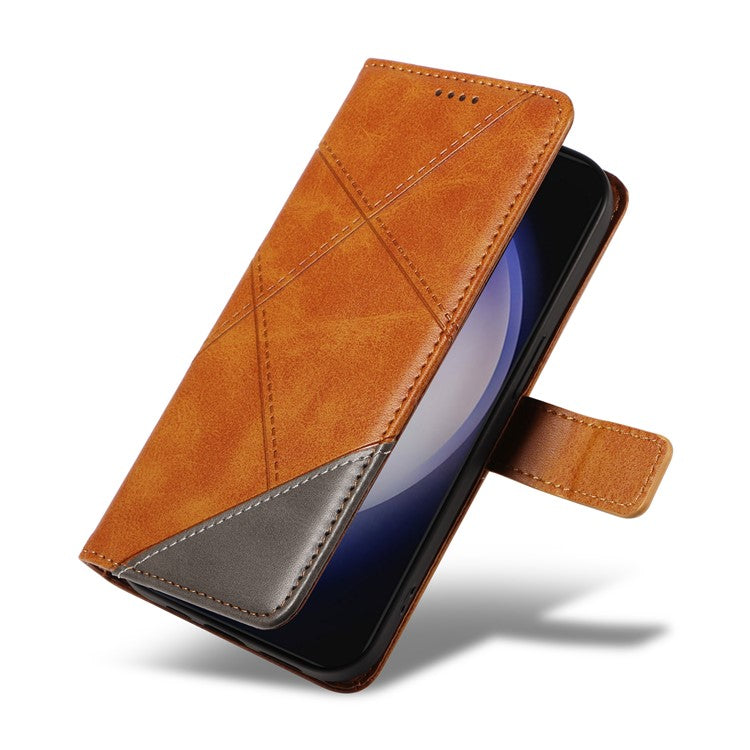 For Samsung Galaxy S24 Case PU Leather Calf Texture Wallet Phone Cover Geometric Line - Brown