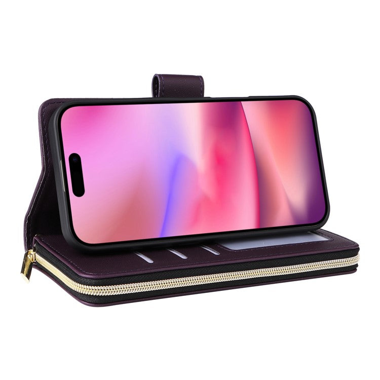 R20 For iPhone 16 Plus Case Zipper Wallet 9 Card Slots PU Leather Phone Cover - Dark Purple