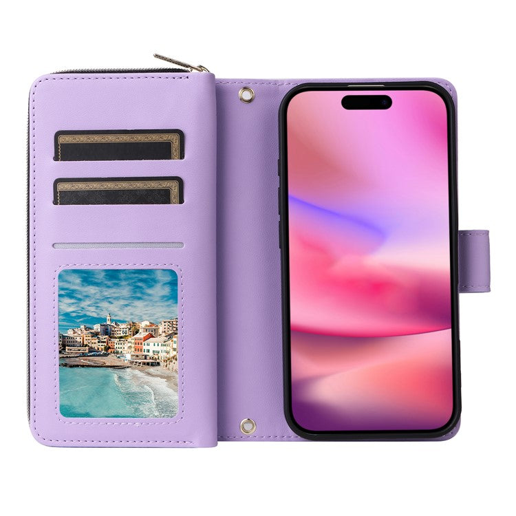 R20 For iPhone 16 Plus Case Zipper Wallet 9 Card Slots PU Leather Phone Cover - Light Purple