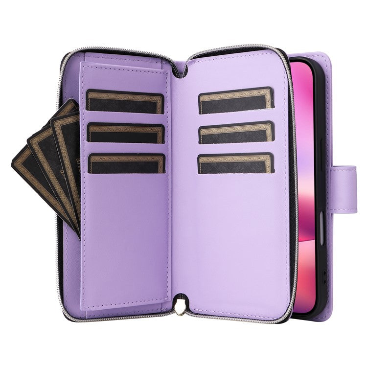 R20 For iPhone 16 Plus Case Zipper Wallet 9 Card Slots PU Leather Phone Cover - Light Purple