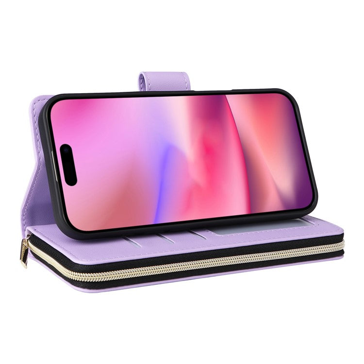 R20 For iPhone 16 Plus Case Zipper Wallet 9 Card Slots PU Leather Phone Cover - Light Purple