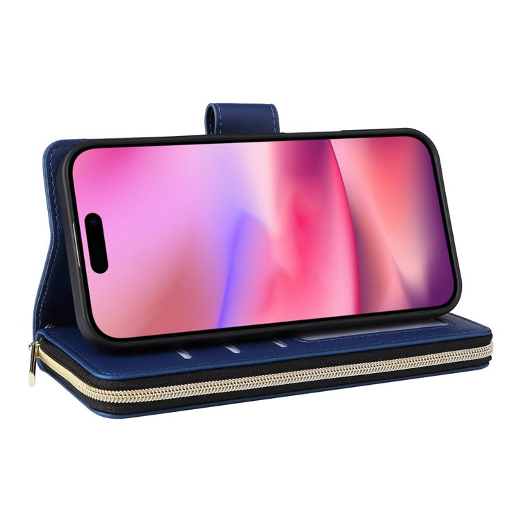 R20 For iPhone 16 Plus Case Zipper Wallet 9 Card Slots PU Leather Phone Cover - Blue
