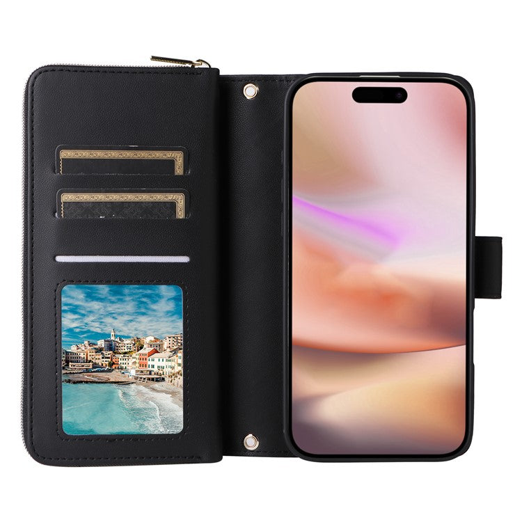 For iPhone 16 Leather Case Zipper Wallet Phone Bag with Shoulder Strap and Hand Strap - Black