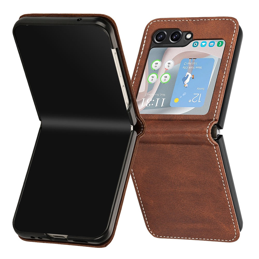 For Samsung Galaxy Z Flip7 FE 5G / Z Flip6 5G / Z Flip5 5G Case PU Leather Hard PC Phone Cover Calf Texture - Brown