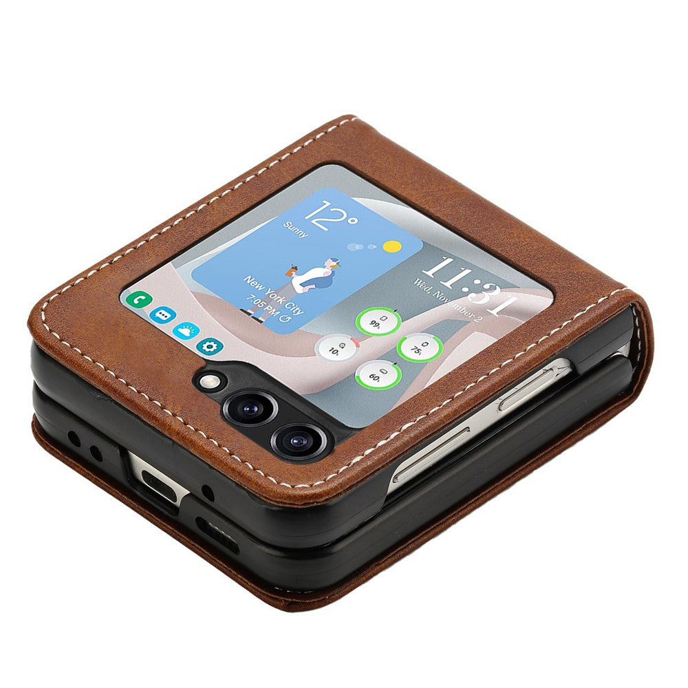 For Samsung Galaxy Z Flip7 FE 5G / Z Flip6 5G / Z Flip5 5G Case PU Leather Hard PC Phone Cover Calf Texture - Brown