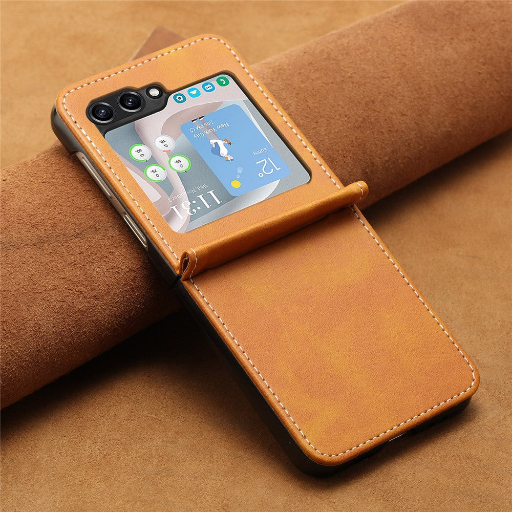 For Samsung Galaxy Z Flip7 FE 5G / Z Flip6 5G / Z Flip5 5G Case PU Leather Hard PC Phone Cover Calf Texture - Yellow
