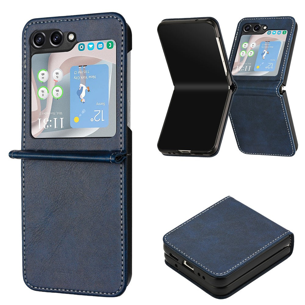 For Samsung Galaxy Z Flip7 FE 5G / Z Flip6 5G / Z Flip5 5G Case PU Leather Hard PC Phone Cover Calf Texture - Sapphire