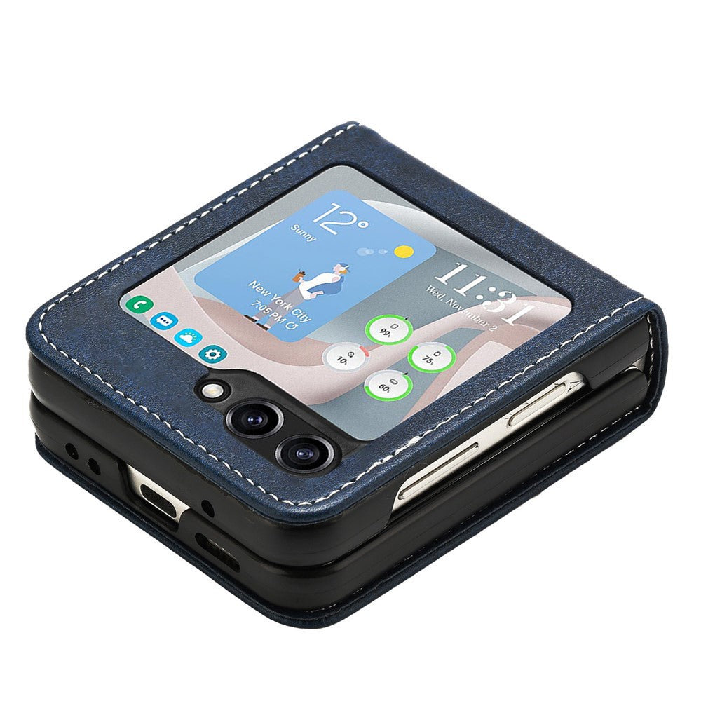 For Samsung Galaxy Z Flip7 FE 5G / Z Flip6 5G / Z Flip5 5G Case PU Leather Hard PC Phone Cover Calf Texture - Sapphire