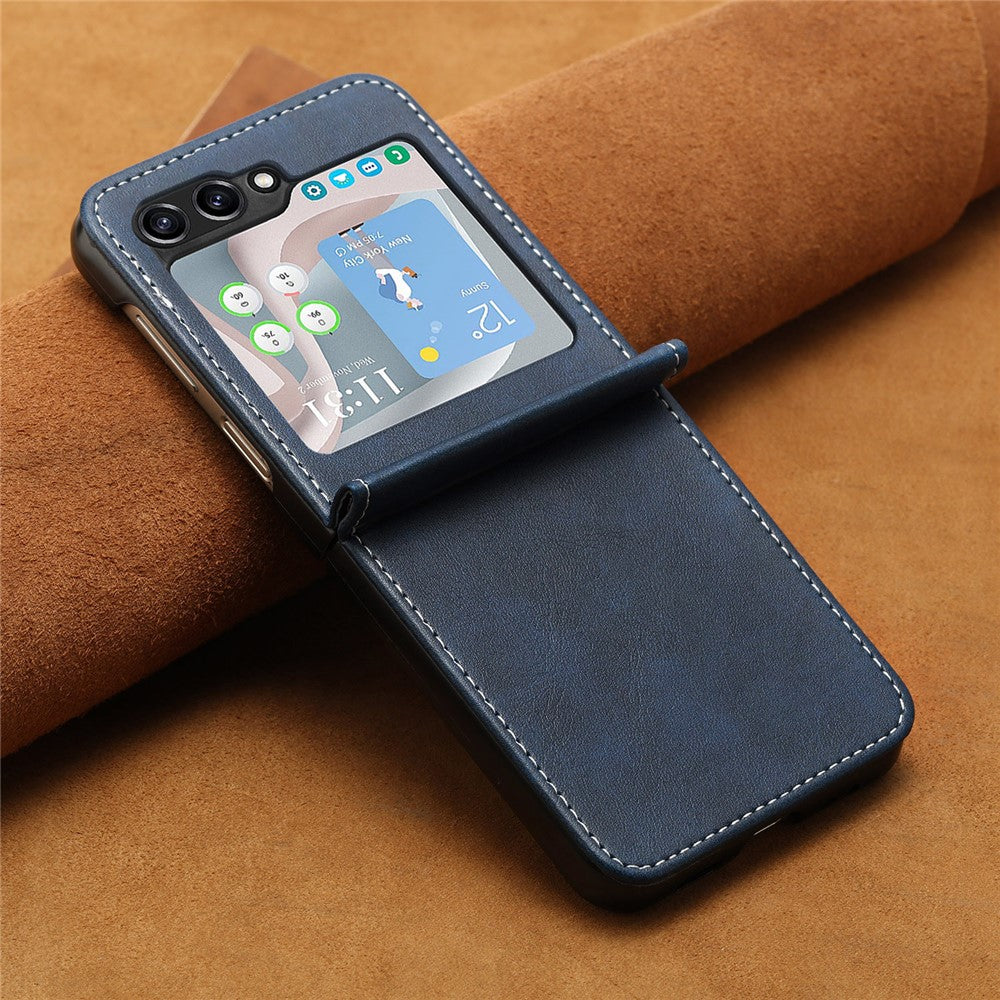 For Samsung Galaxy Z Flip7 FE 5G / Z Flip6 5G / Z Flip5 5G Case PU Leather Hard PC Phone Cover Calf Texture - Sapphire