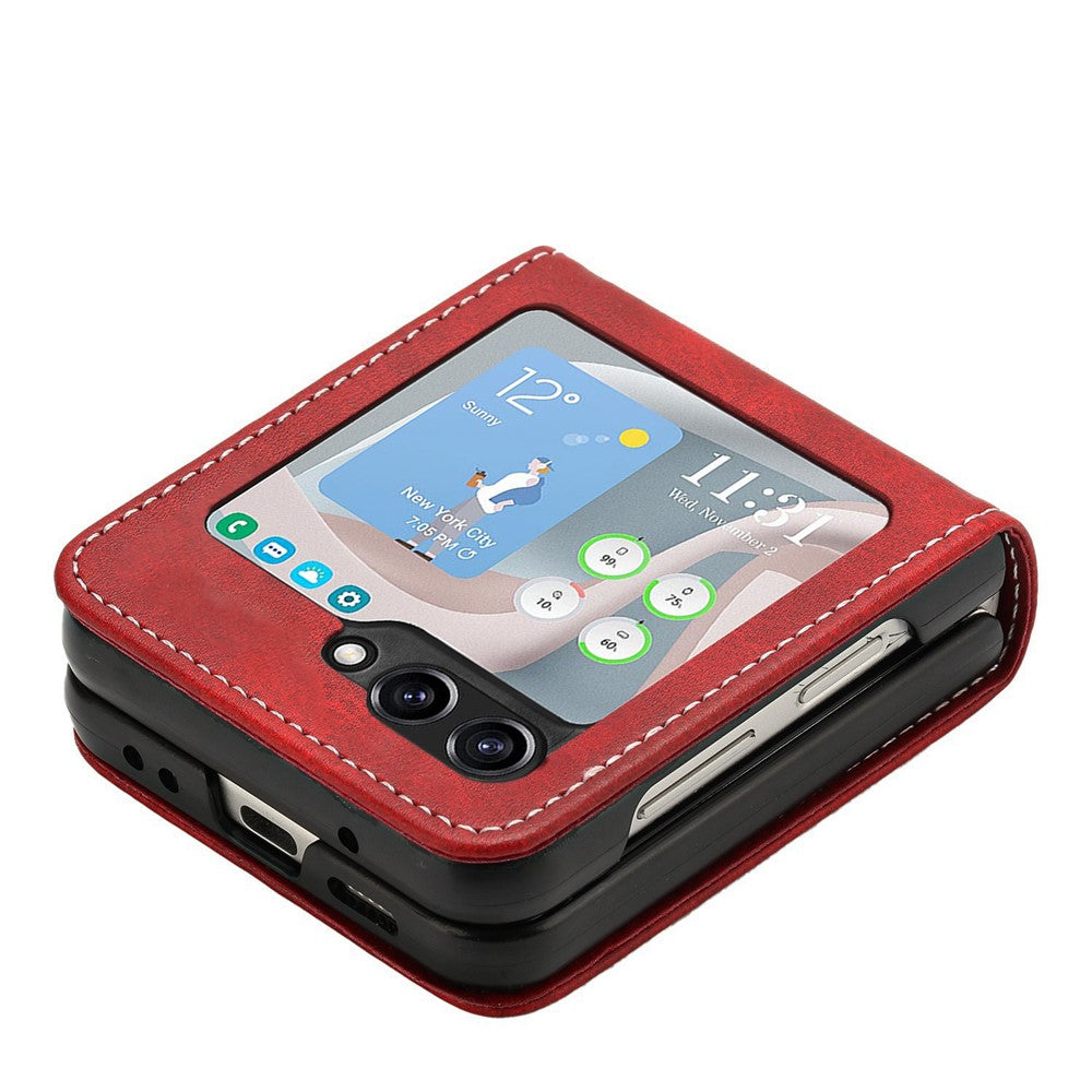 For Samsung Galaxy Z Flip7 FE 5G / Z Flip6 5G / Z Flip5 5G Case PU Leather Hard PC Phone Cover Calf Texture - Red