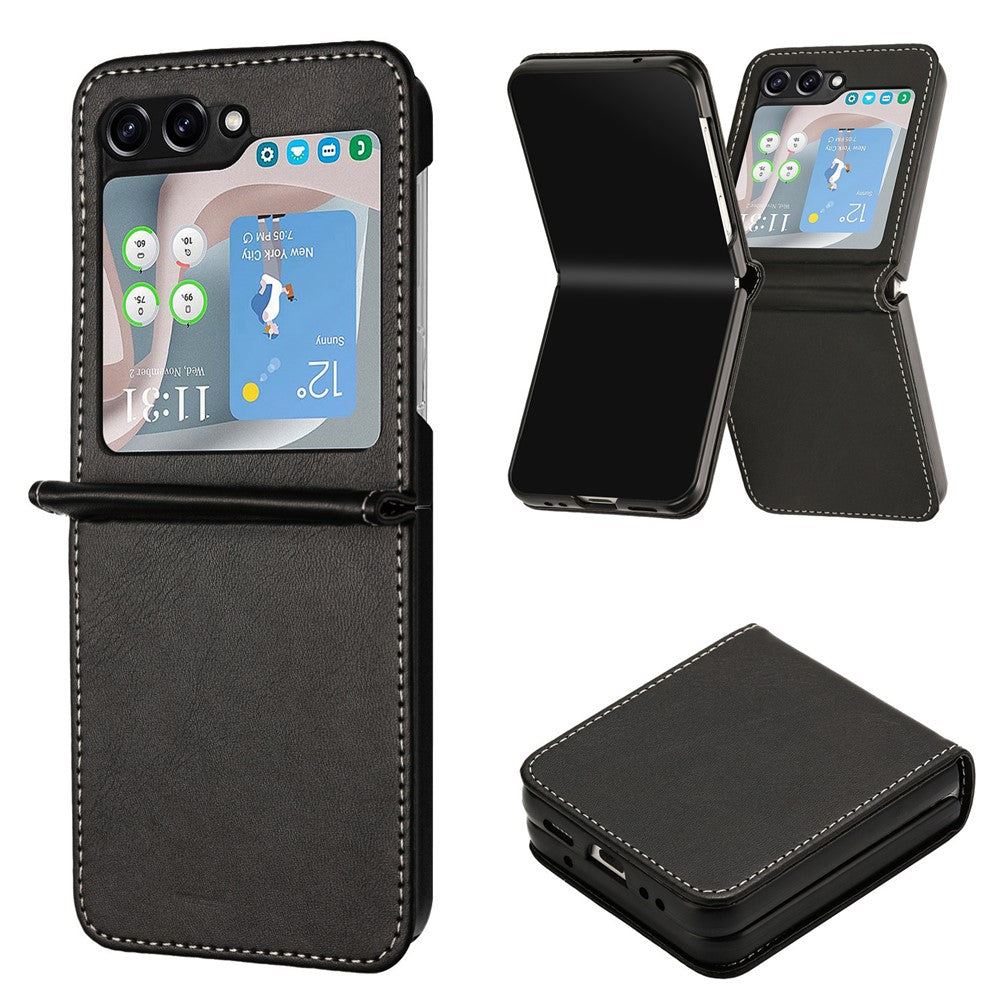 For Samsung Galaxy Z Flip7 FE 5G / Z Flip6 5G / Z Flip5 5G Case PU Leather Hard PC Phone Cover Calf Texture - Black