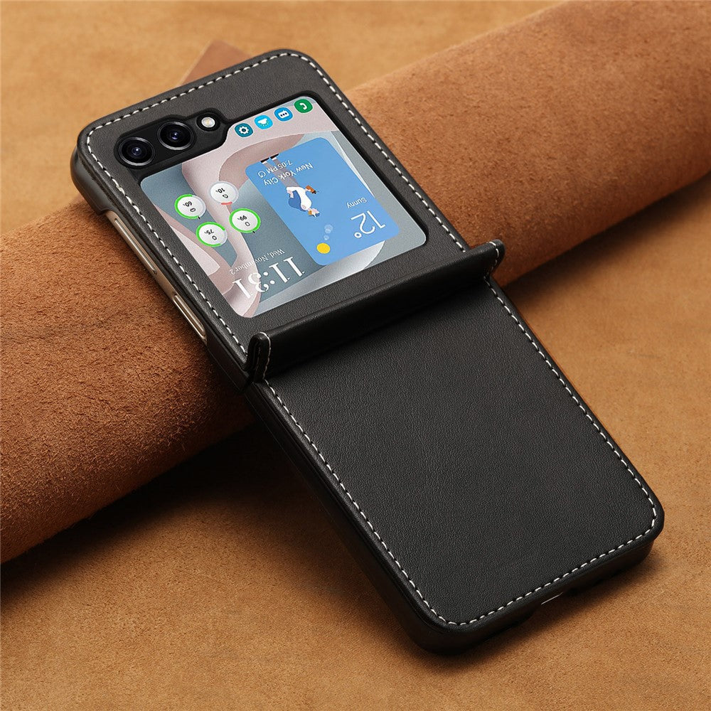 For Samsung Galaxy Z Flip7 FE 5G / Z Flip6 5G / Z Flip5 5G Case PU Leather Hard PC Phone Cover Calf Texture - Black