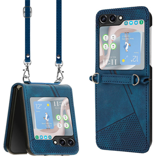 For Samsung Galaxy Z Flip7 FE 5G / Z Flip6 5G / Z Flip5 5G Case Triangle Patterns PU Leather Hard PC Crossbody Phone Cover - Sapphire