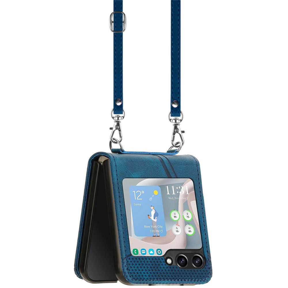 For Samsung Galaxy Z Flip7 FE 5G / Z Flip6 5G / Z Flip5 5G Case Triangle Patterns PU Leather Hard PC Crossbody Phone Cover - Sapphire