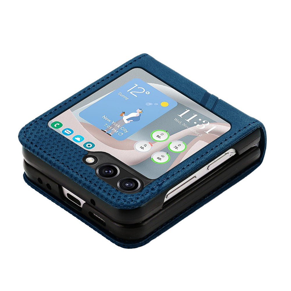 For Samsung Galaxy Z Flip7 FE 5G / Z Flip6 5G / Z Flip5 5G Case Triangle Patterns PU Leather Hard PC Crossbody Phone Cover - Sapphire
