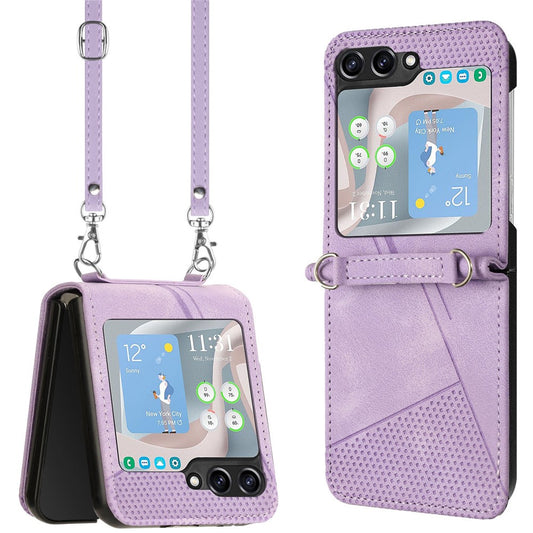 For Samsung Galaxy Z Flip7 FE 5G / Z Flip6 5G / Z Flip5 5G Case Triangle Patterns PU Leather Hard PC Crossbody Phone Cover - Purple