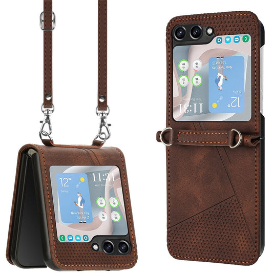 For Samsung Galaxy Z Flip7 FE 5G / Z Flip6 5G / Z Flip5 5G Case Triangle Patterns PU Leather Hard PC Crossbody Phone Cover - Brown