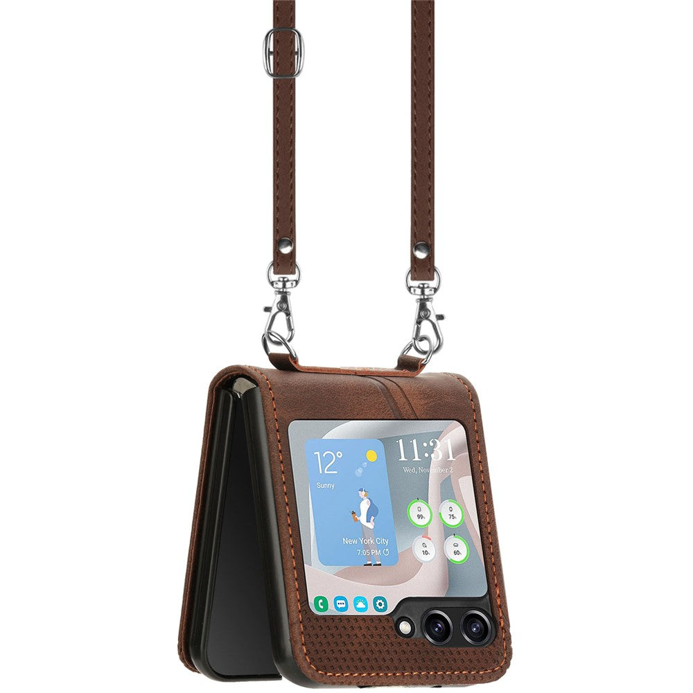 For Samsung Galaxy Z Flip7 FE 5G / Z Flip6 5G / Z Flip5 5G Case Triangle Patterns PU Leather Hard PC Crossbody Phone Cover - Brown