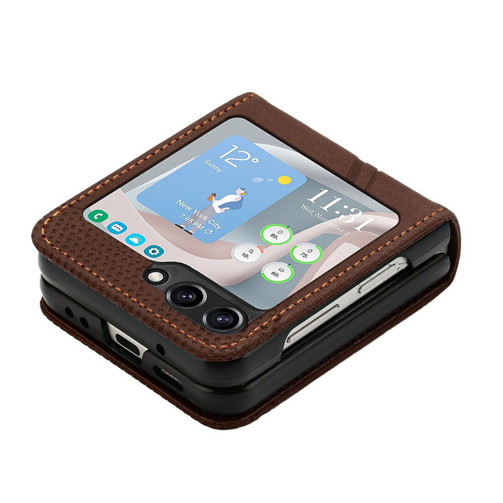 For Samsung Galaxy Z Flip7 FE 5G / Z Flip6 5G / Z Flip5 5G Case Triangle Patterns PU Leather Hard PC Crossbody Phone Cover - Brown