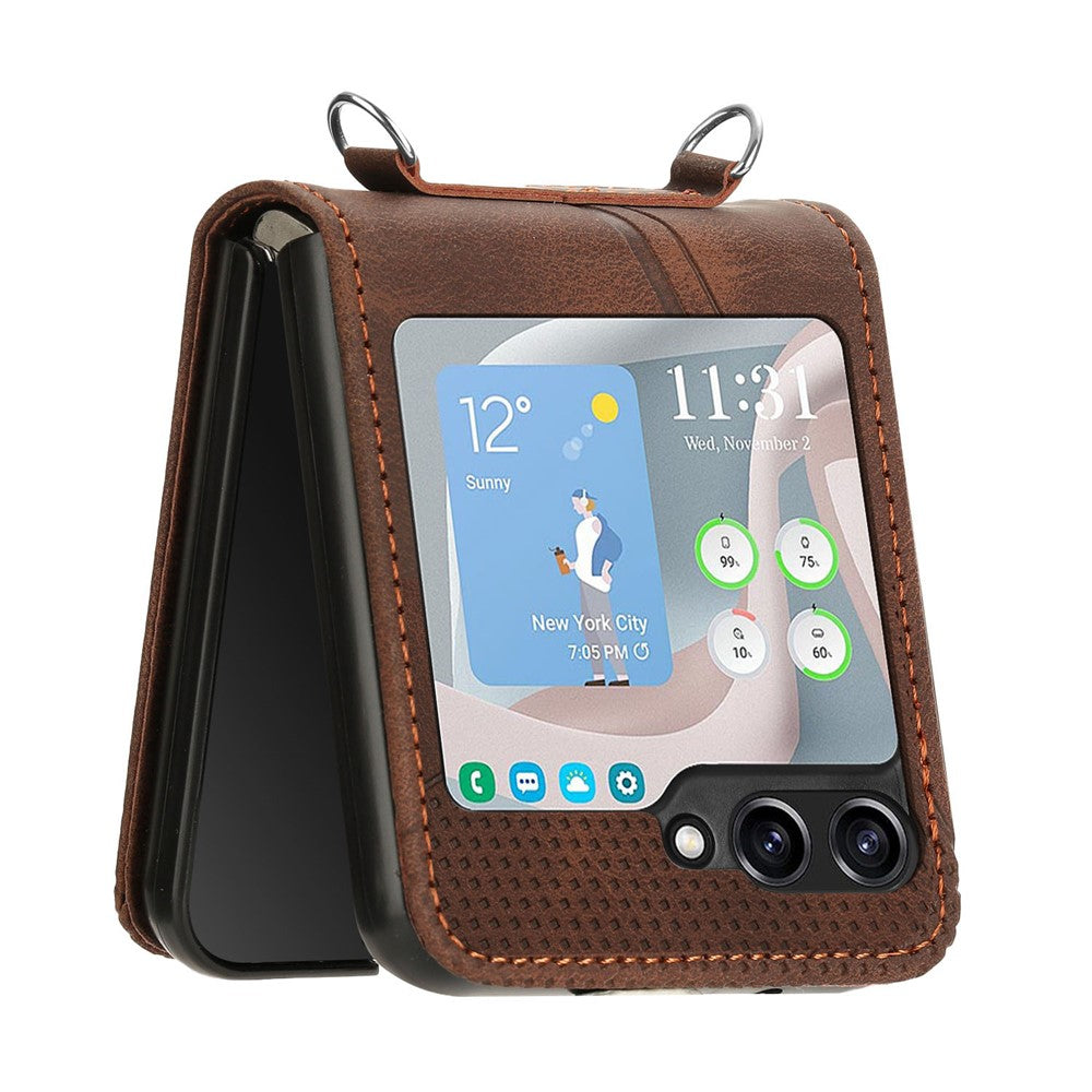 For Samsung Galaxy Z Flip7 FE 5G / Z Flip6 5G / Z Flip5 5G Case Triangle Patterns PU Leather Hard PC Crossbody Phone Cover - Brown